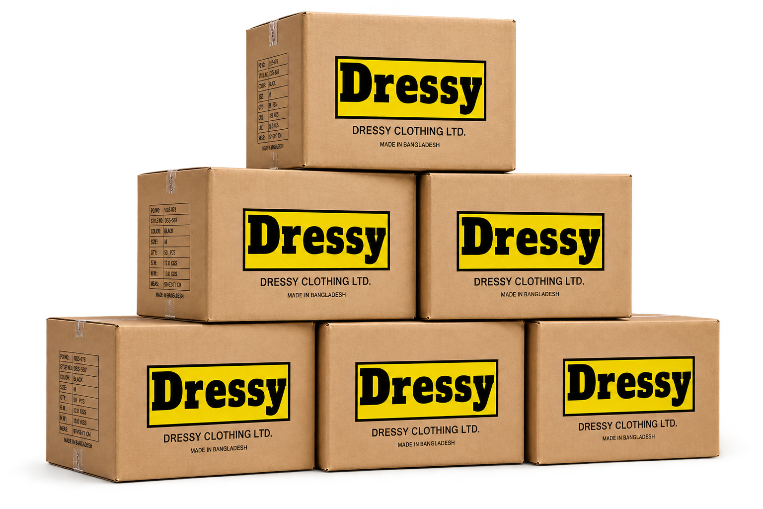 Dressy Clothing LTD branded export cartons stacked and ready for shipment